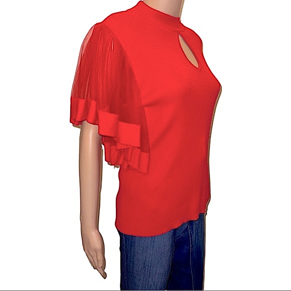 *NWOT 7th Avenue Design Studio NY&C- Red Ribbed Sweater with Tulle Sleeves - Picture 3 of 10